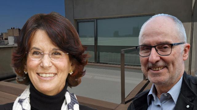 La nueva Síndica de Greuges, Esther Giménez-Salinas, el Síndic anterior, Rafael Ribó, y la piscina que se construyó ante su despacho / FOTOMONTAJE CG