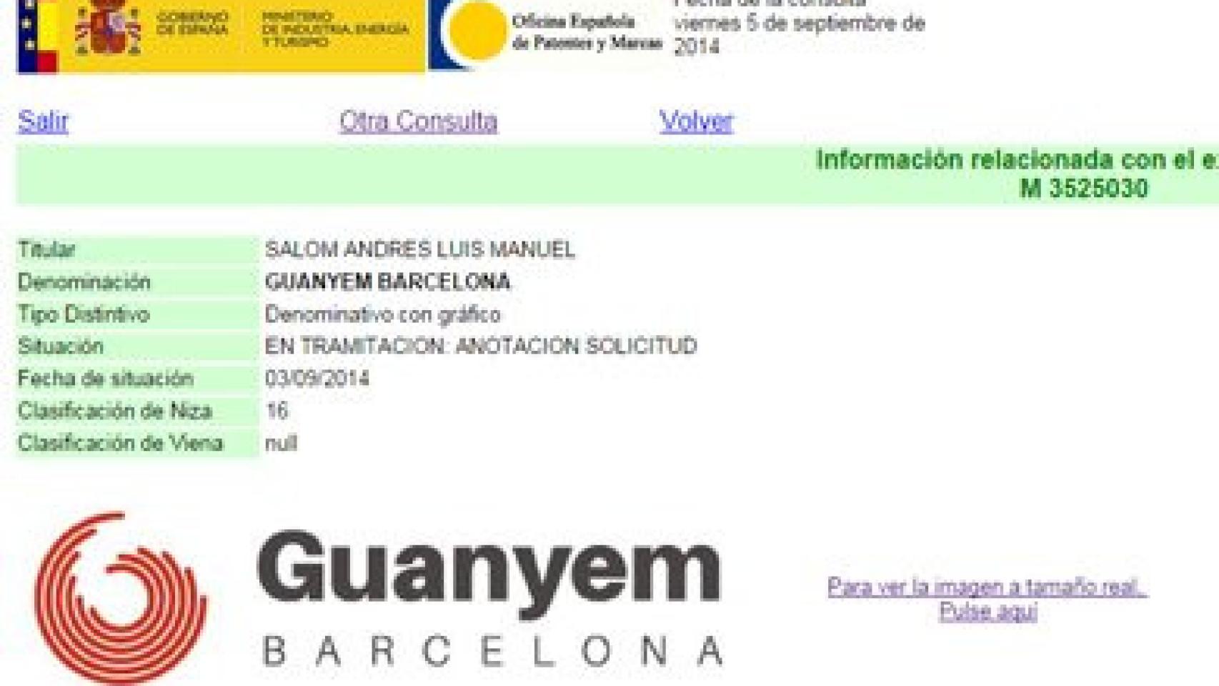 Pantallazo del registro de la marca a cargo del asesor del PP valenciano