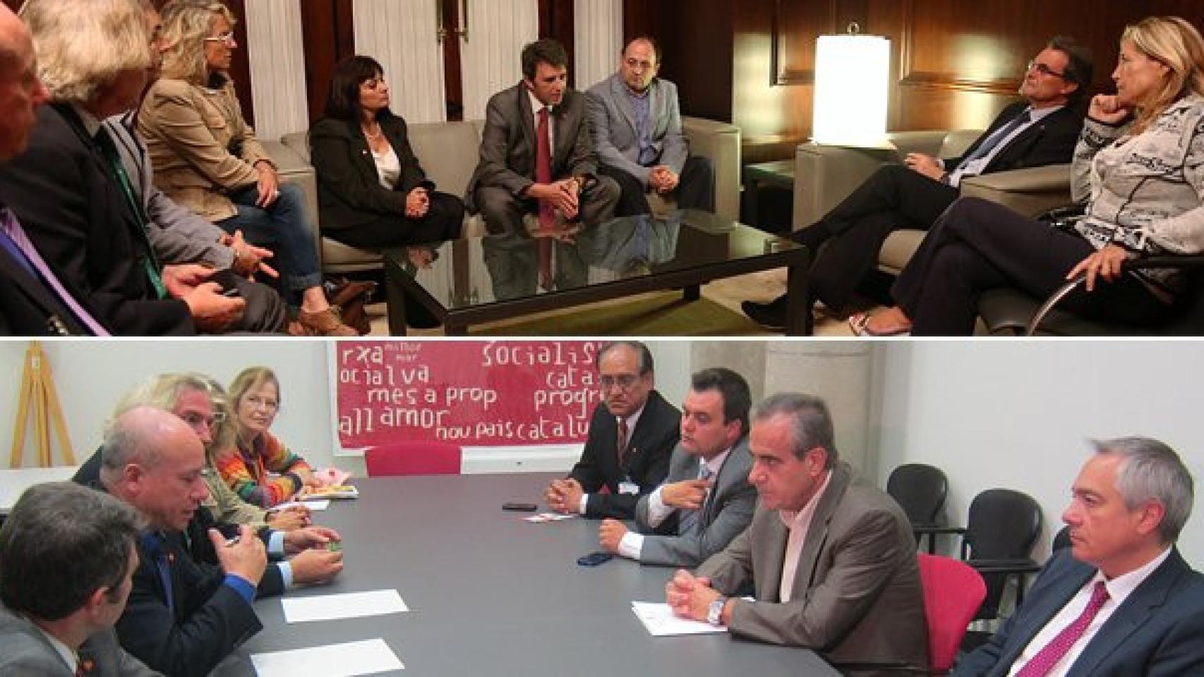 En la imagen superior, durante la reunión con Mas y Ortega; en la fotografía de debajo, con una representación del PSC, encabezada por Navarro