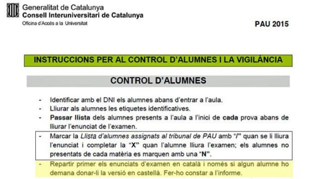 Fragmento de las instrucciones por el control de los alumnos en la selectividad