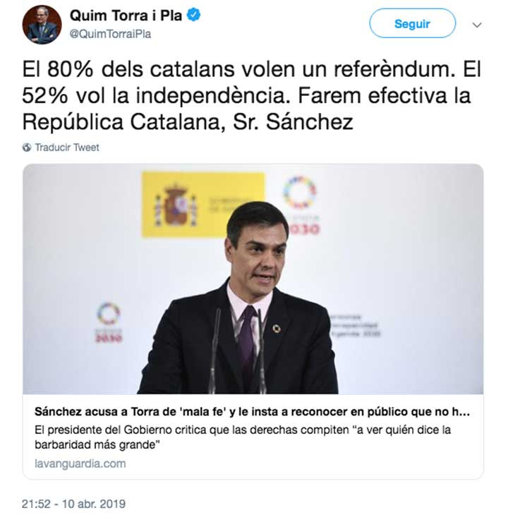 Mensaje desafiante de Quim Torra a Pedro Sánchez en Twitter / @QuimTorraiPla