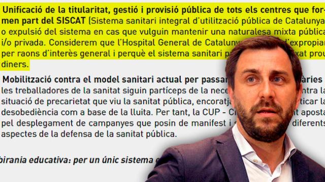 El exconsejero catalán de Salud, Toni Comín, y el extracto del programa electoral de la CUP, único partido que pide nacionalizaciones / CG