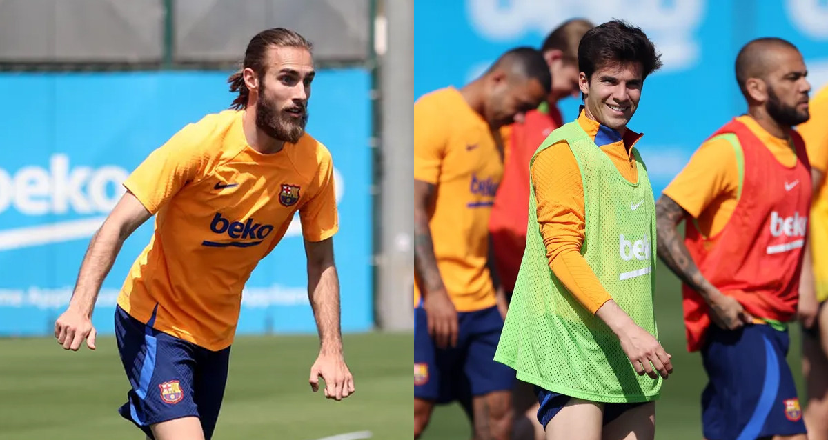 Óscar Mingueza y Riqui Puig, durante un entrenamiento del Barça / FCB