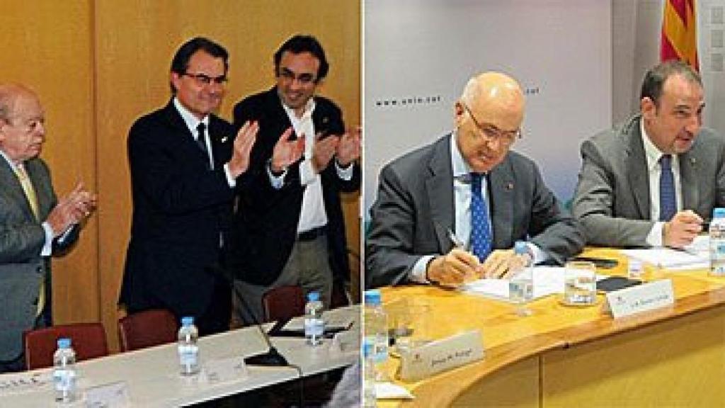 Imágenes de las ejecutivas de CDC y UDC de este viernes. De izquierda a derecha, Jordi Pujol, Artur Mas, Josep Rull, Josep Antoni Duran i Lleida y Ramon Espadaler