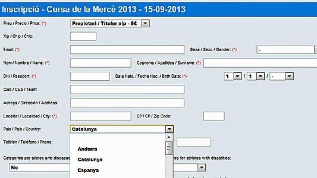 Formulario de inscripción en la Carrera de la Mercè 2013, organizada por el Ayuntamiento de Barcelona, en el que se distingue entre Cataluña y España como países independientes diferentes