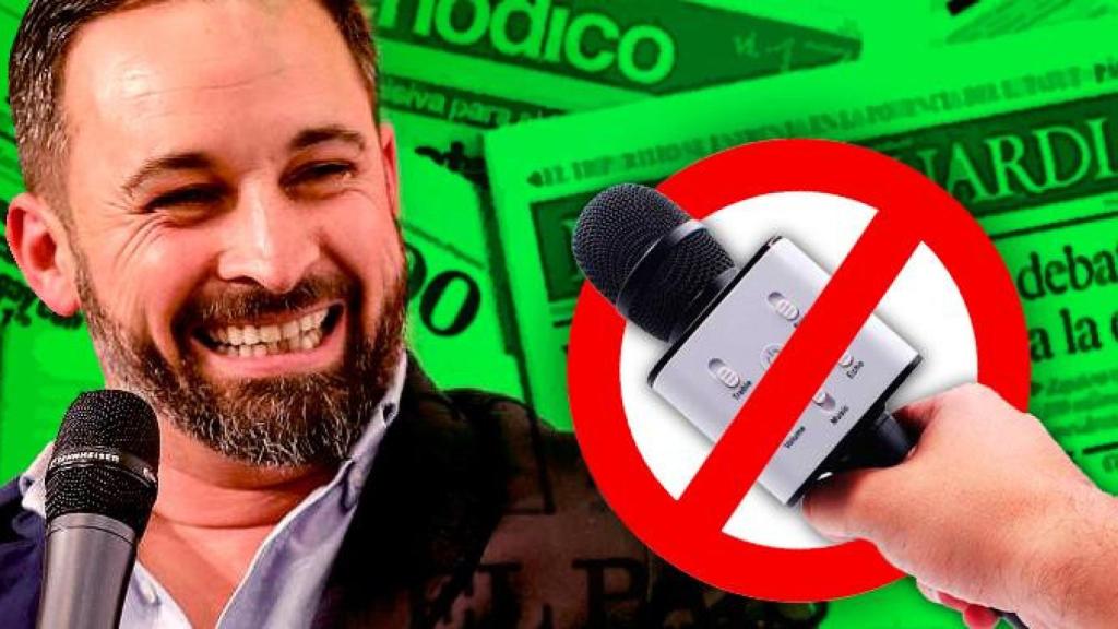 Santiago Abascal, líder de Vox, habla en un mitin pero evita a la prensa / FOTOMONTAJE DE CG