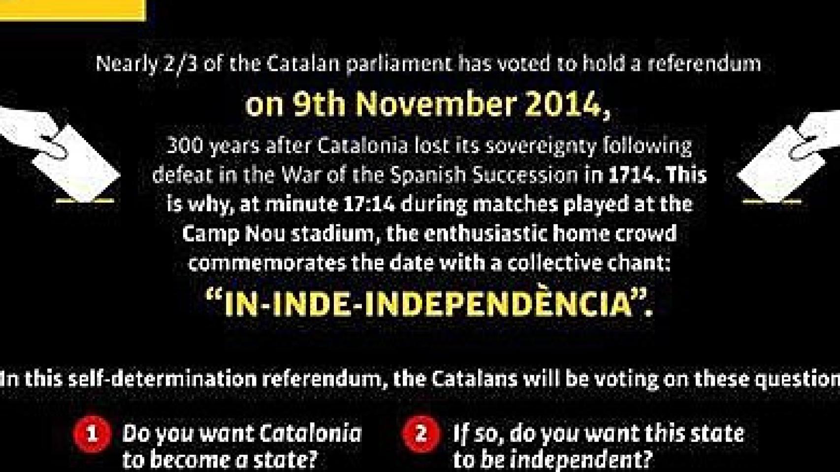 Dípticos repartidos por la ANC entre los seguidores ingleses antes del partido entre el F.C. Barcelona y el Manchester City