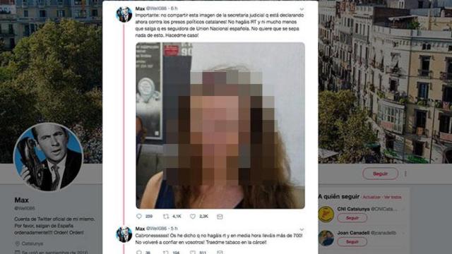 Tuit pixelado del usuario @well086, en el que difunde la imagen de la secretaria judicial del 20S  / TWITTER