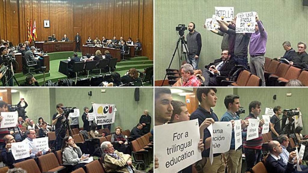 Protesta de la AEB de Hospitalet contra una moción del Ayuntamiento en defensa de la inmersión lingüística escolar obligatoria exclusivamente en catalán