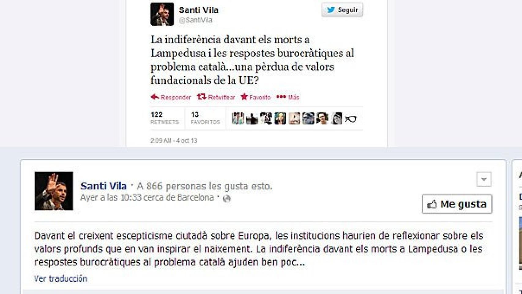 Capturas de las cuentas de Twitter y Facebook del consejero de Territorio y Sostenibilidad, Santi Vila
