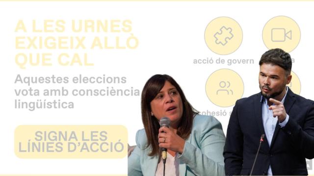 Los candidatos Gemma Geis y Gabriel Rufián, junto a la imagen de una campaña de Plataforma per la Llengua / FOTOMONTAJE CG