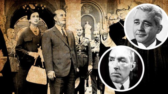 Portada del libro de Joan Safont, Sabotatge contra Franco, con las figuras de Vicens Vives (superior) y Ferran Valls Taberner.