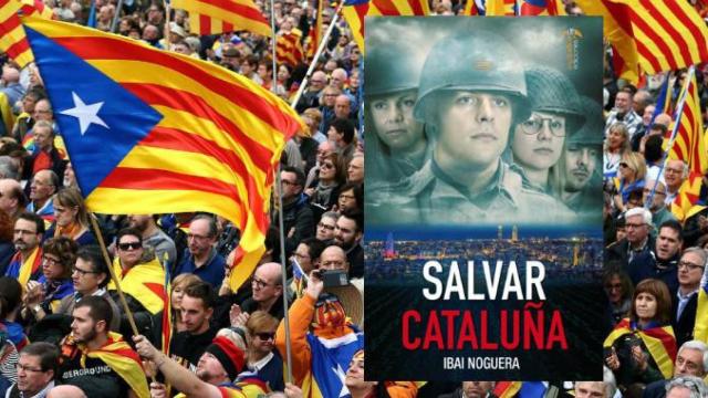 Portada del libro 'Salvar Cataluña', de Ibai Noguera, con una manifestación secesionista de fondo / FOTOMONTAJE CG