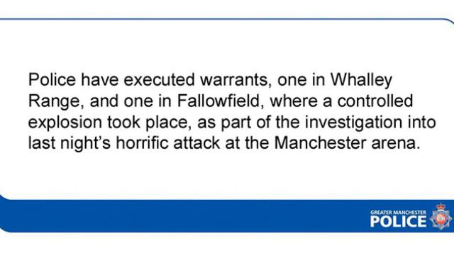 El mensaje en el que la Policía de Manchester informa del arresto de dos personas relacionadas con el atentado en el concierto de Ariana Grande