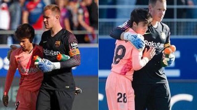 Ter Stegen abraza a Riqui Puig en Huesca