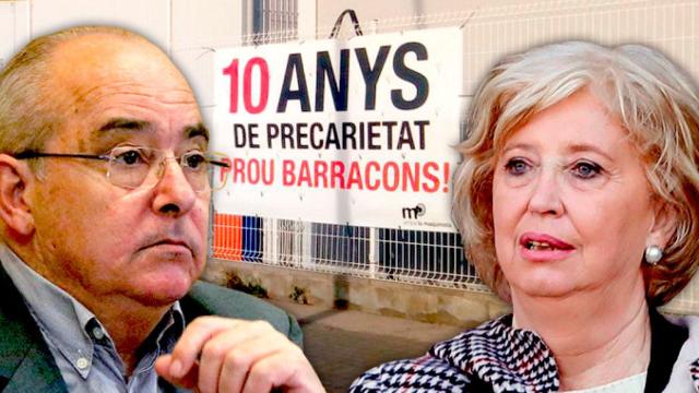 Josep Bargalló (ERC), que ha prometido recuperar las subvenciones a las guarderías, e Irene Rigau (JxCAT), ante uno de los barracones de Barcelona / CG