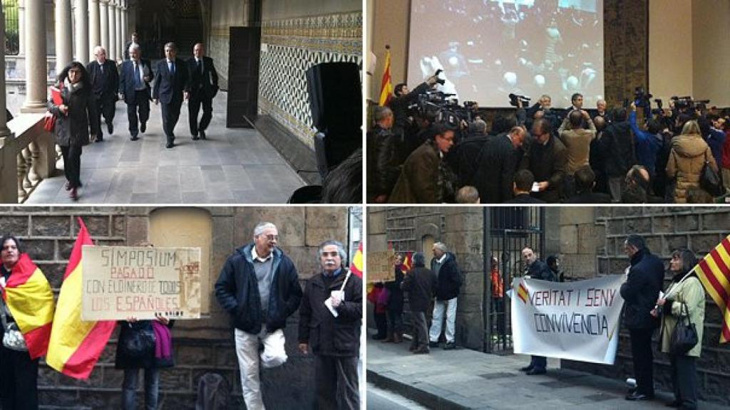 Cuatro momentos previos al inicio del simposio, de izquierda a derecha y de arriba a abajo, Homs, Sobrequés y Ros llegando a la sala en la que se desarrolla el evento, los tres, justo antes de inciarse el encuentro académico, y las protestas contra el eve