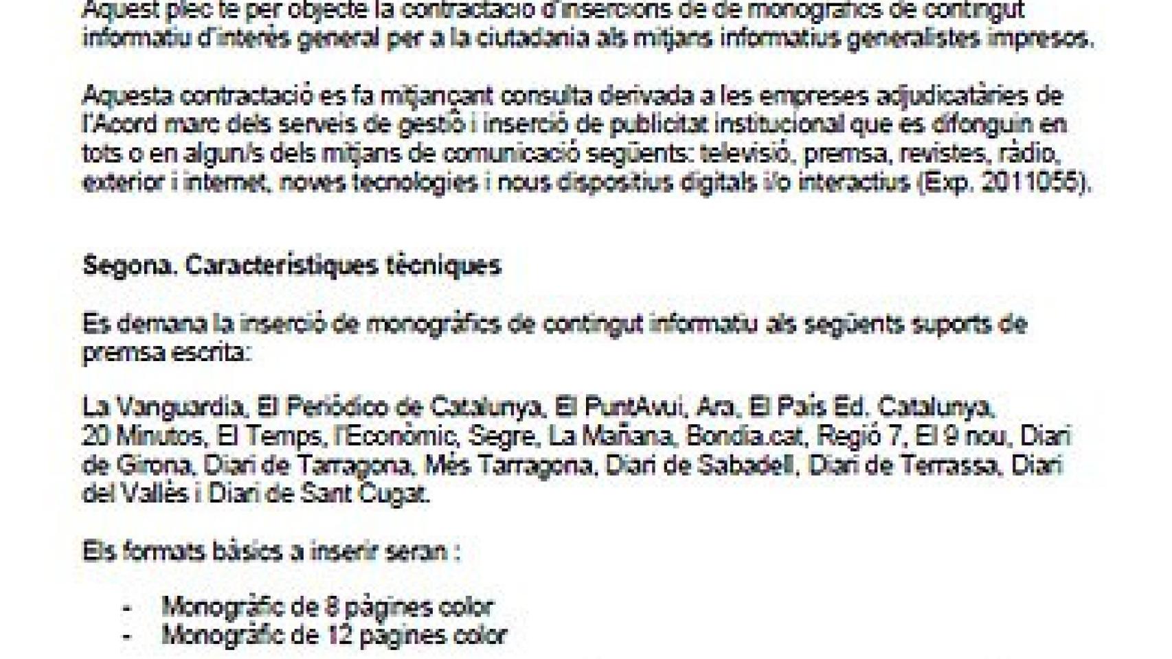 Detalle del pliego de prescripciones técnicas en el que figura la lista de medios de comunicación que se repartirán los 2,7 millones de euros en publicidad de la Generalidad