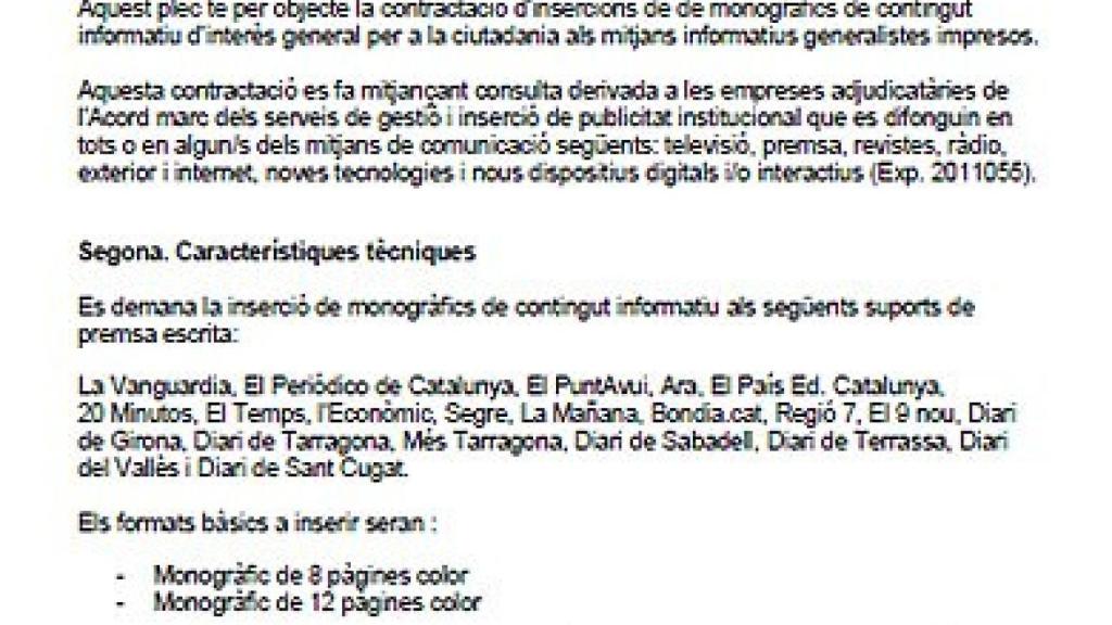 Detalle del pliego de prescripciones técnicas en el que figura la lista de medios de comunicación que se repartirán los 2,7 millones de euros en publicidad de la Generalidad