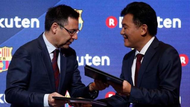 Una foto de Josep Maria Bartomeu y Hiroshi Mikitani, ambos presidentes del Barça y Rakuten respectivamente / Twitter