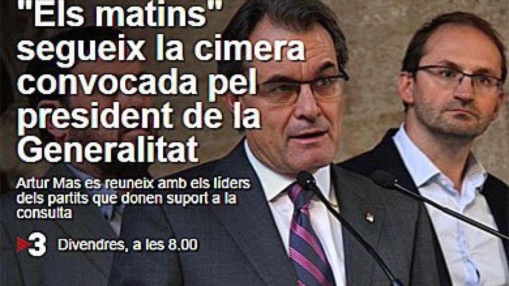 Anuncio de TV3 de un seguimiento especial de una reunión de Mas con los líderes de ERC, ICV-EUiA y la CUP para hablar sobre el 9N