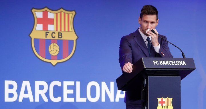 Leo Messi en la comparecencia de su despedida del Barça / EFE
