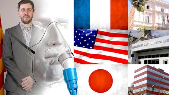 Toni Comín, consejero de Salud catalán, y las tres embajadas que se han interesado por el concurso de terapias respiratorias domiciliarias / FOTOMONTAJE DE CG