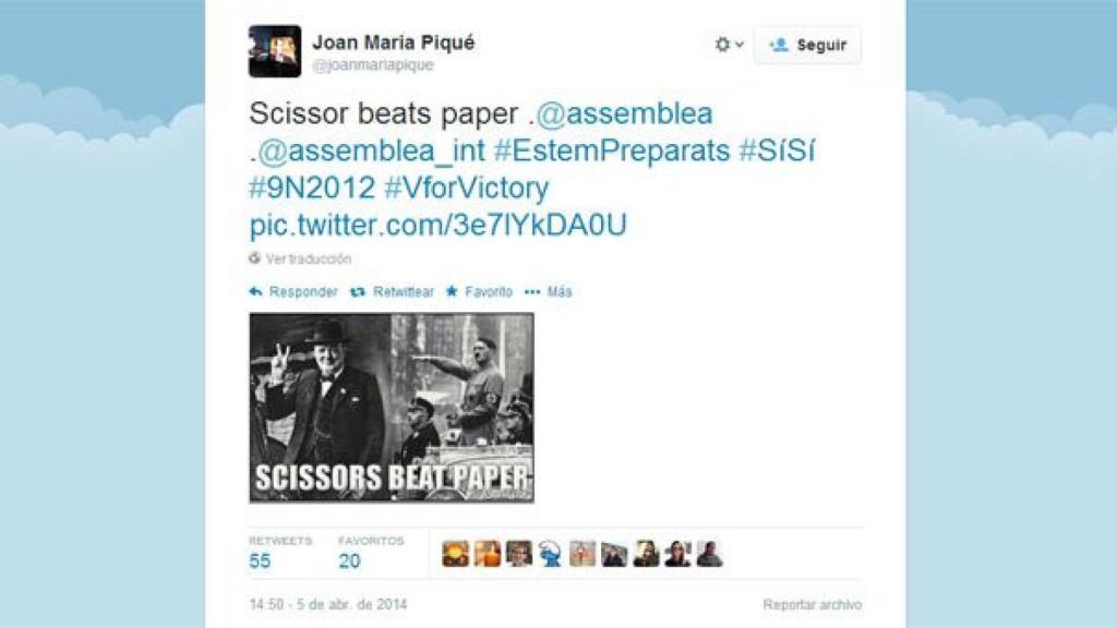 Tuit de Joan Maria Piqué Fernández, jefe de prensa de Mas, en el que se equipara a los que se oponen a la independencia con los nazis