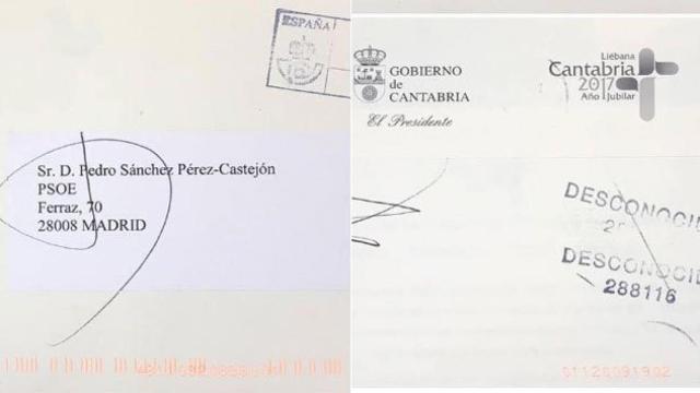 Carta dirigida a Pedro Sánchez devuelta por el PSOE a Correos
