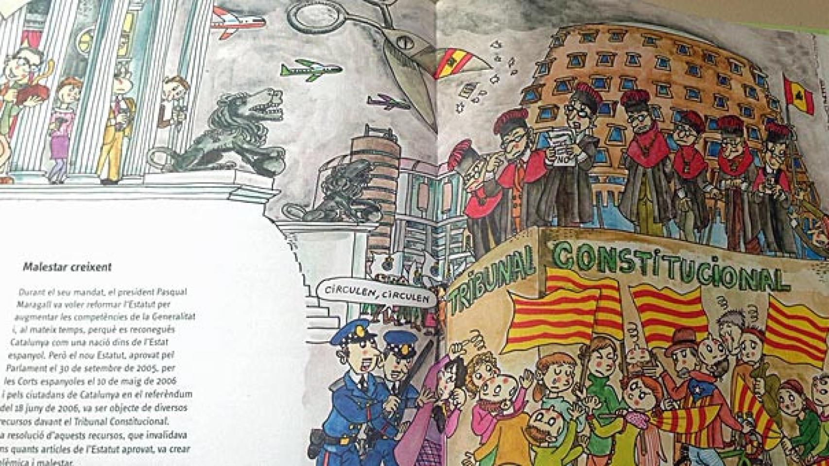 Diputados con tijeras y un cepillo de carpintero, junto a los magistrados del Constitucional -viejos y con cara de pocos amigos- con un gran 'no' y un ejemplar del Estatuto; debajo, un grupo de jóvenes con señeras y 'esteladas'