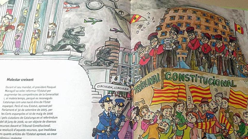 Diputados con tijeras y un cepillo de carpintero, junto a los magistrados del Constitucional -viejos y con cara de pocos amigos- con un gran 'no' y un ejemplar del Estatuto; debajo, un grupo de jóvenes con señeras y 'esteladas'