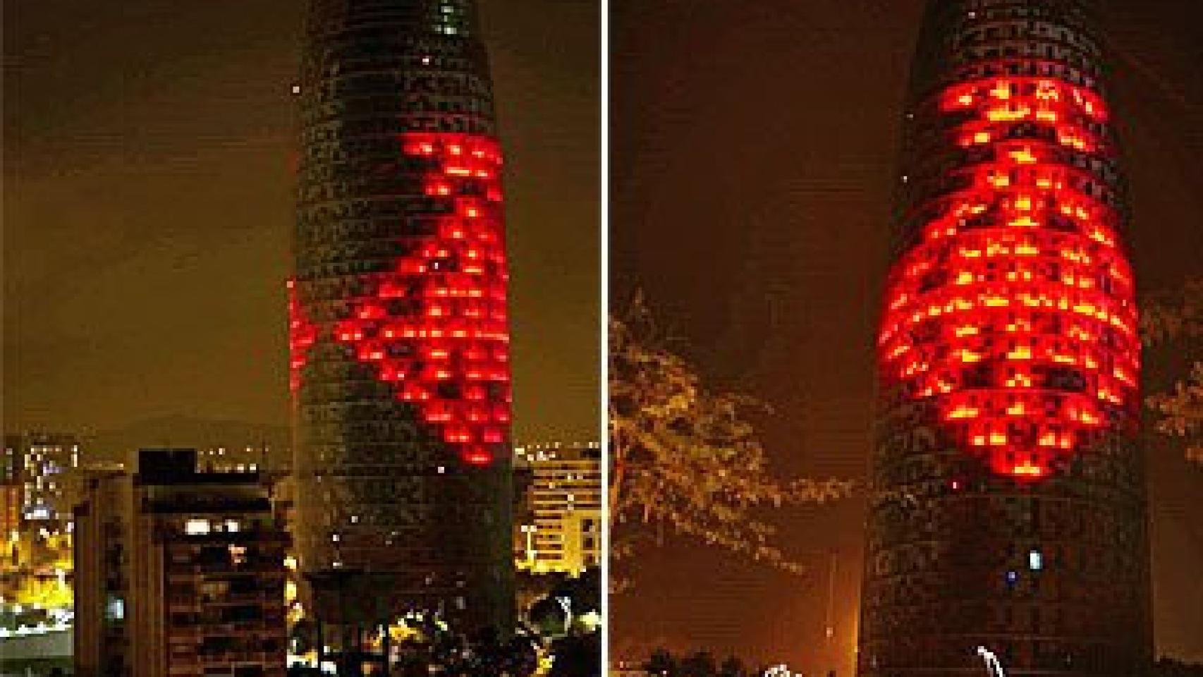 Dos imágenes de la iluminación conmemorativa de la Torre Agbar con motivo de las fiestas de la Mercè