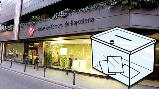 Fachada de la Cámara de Comercio de Barcelona junto a una urna electoral / FOTOMONTAJE CG