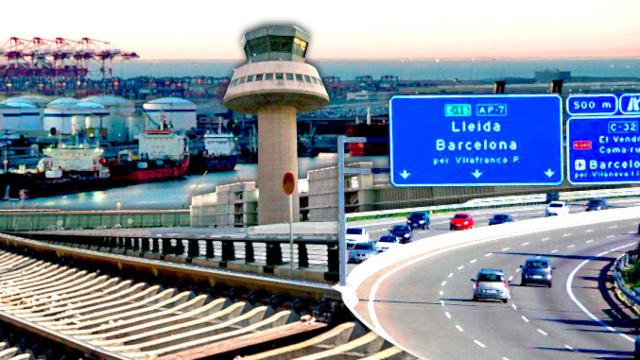 Imágenes del aeropuerto de El Prat, el puerto de Barcelona, una autopista catalana y las vías de un tren / FOTOMONTAJE DE CG