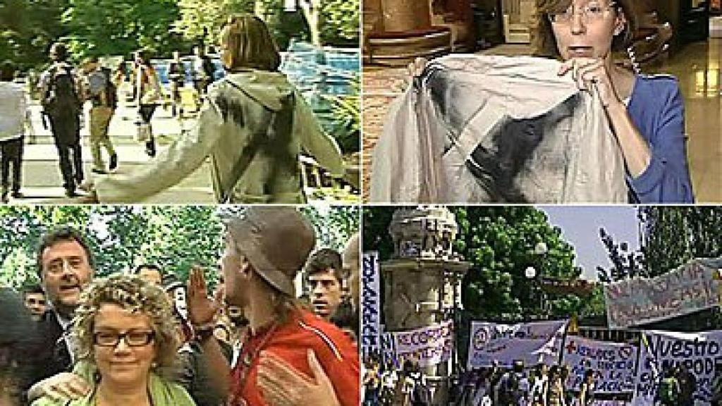 La ex consejera de Justicia e Interior, Montserrat Tura, marcada como los nazis; la ex consejera de Salud Marina Geli, zarandeada; y una imagen de una de las entradas al parque de la Ciudadela, durante el cerco al Parlamento autonómico