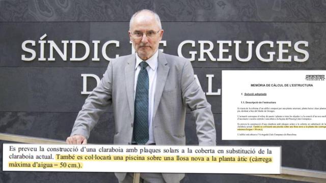 Rafael Ribó, Síndic de Greuges, con los papeles de encargo de su piscina en la terraza de la institución / CG