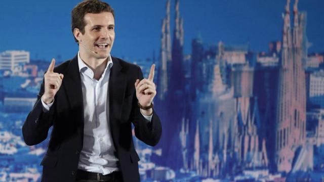 El presidente del Partido Popular, Pablo Casado, durante su intervención en el acto de presentación de Josep Bou como candidato al Ayuntamiento de Barcelona / EFE