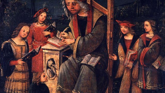 Un maestro medieval sentado en su cátedra junto a sus discípulos (1505) / MAESTRO DE VIOLANTRIA