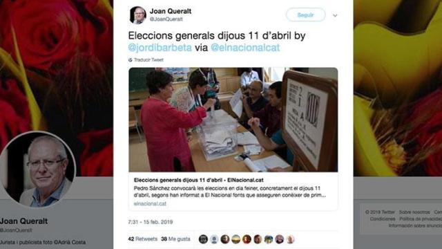 Retuit del artículo de Jordi Barbeta en 'El Nacional' en el que anunciaba que las elecciones generales se celebrarían el 11 de abril / TWITTER