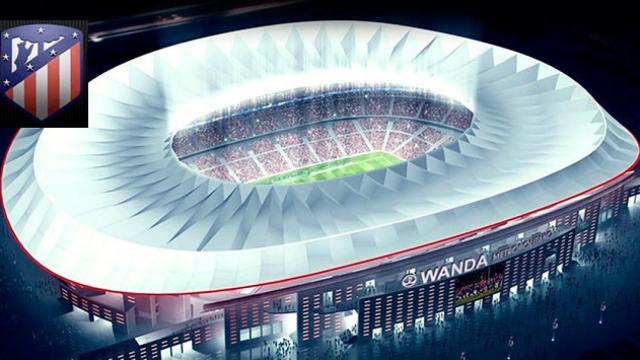 Recreación del futuro estadio del Atlético de Madrid, el Wanda Metropolitano, junto al nuevo escudo de la entidad / CG