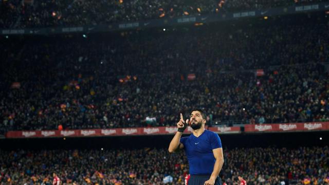 Luis Suárez celebra su primer gol ante el Atlético de Madrid / EFE
