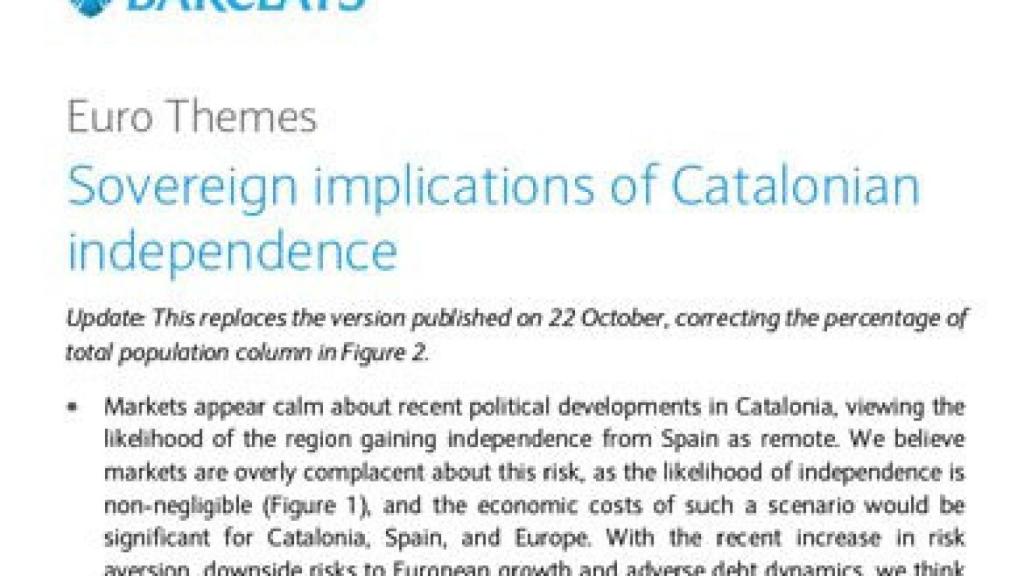 Informe de Barclays sobre las consecuencias de la secesión de Cataluña