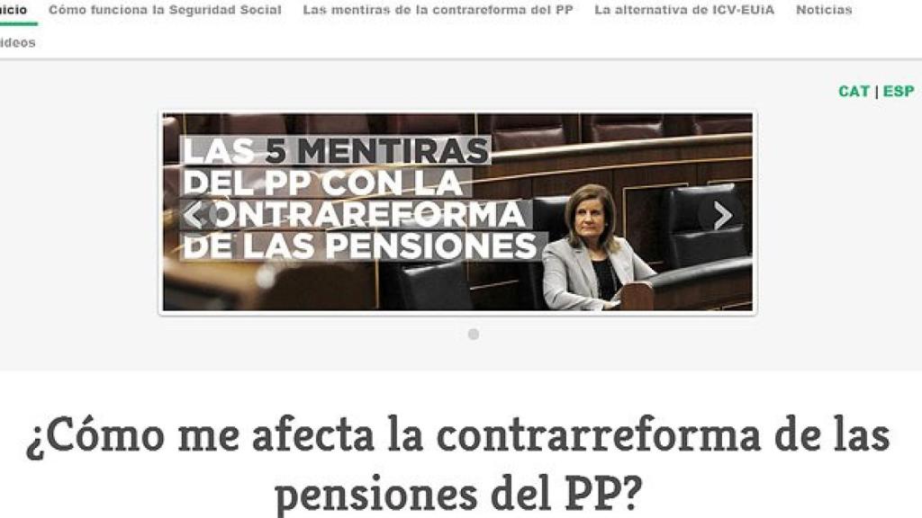 Captura de la web de ICV-EUiA que critica la reforma de las pensiones del Gobierno