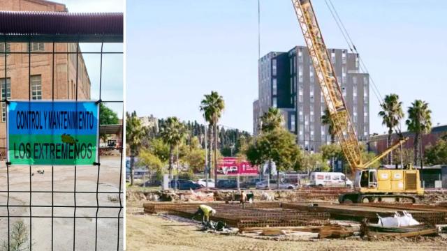 Un cartel de 'Los Extremeños' y una obra en la Zona Franca, donde actúan / CG