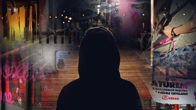 Un encapuchado y varios de los ataques y gestos violentos de Arran / FOTOMONTAJE DE CG