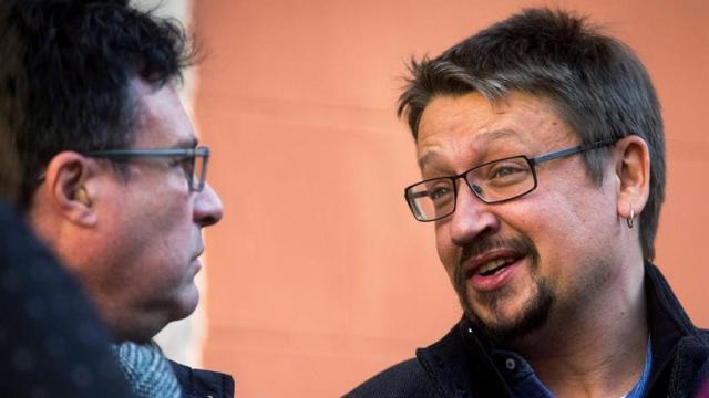 El candidato de Catalunya en Comú-Podem (CatECP) a la Generalitat Xavier Domènech con el exsecretario tercero de la Mesa del Parlament Joan Josep Nuet