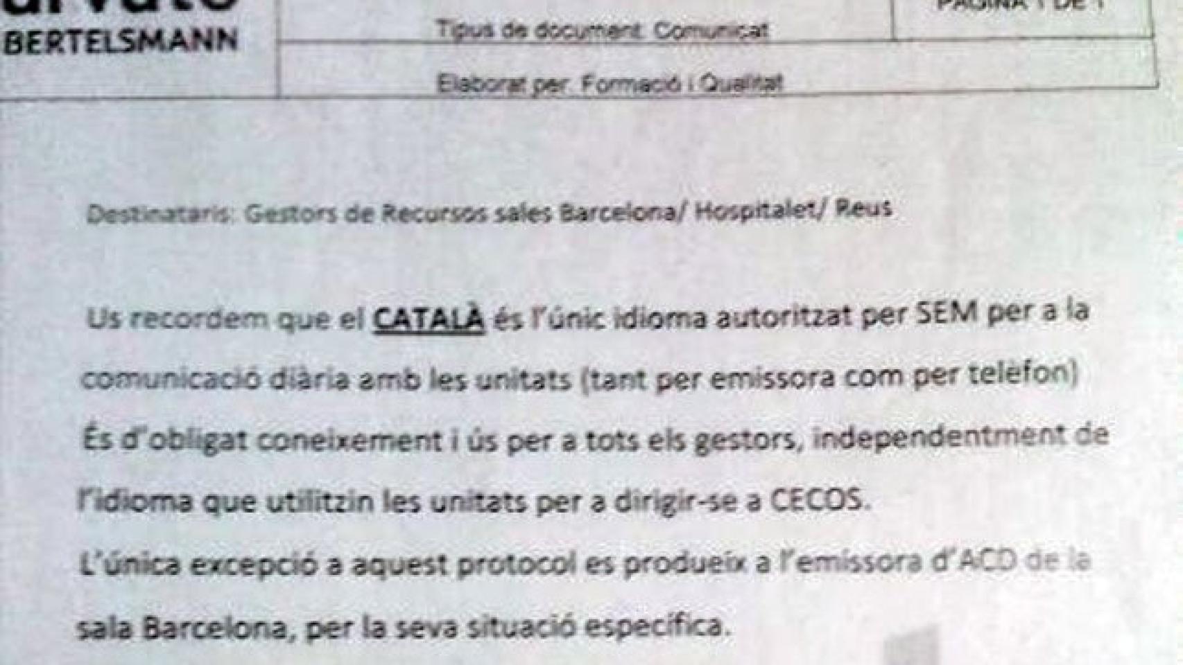 Circular enviada a los operadores de los centros de coordinación de urgencias médicas ordenándoles utilizar exclusivamente el catalán en todas sus comunicaciones