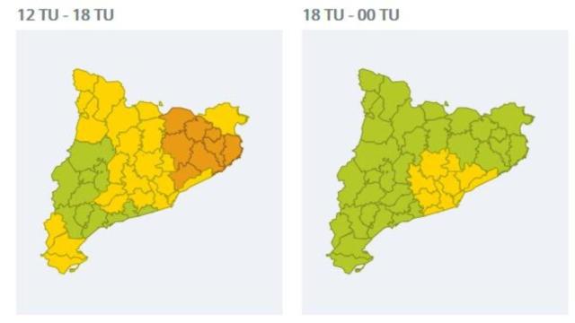 Mapas de las comarcas que podrán verse afectadas por las lluvias este viernes / PROTECCIÓ CIVIL