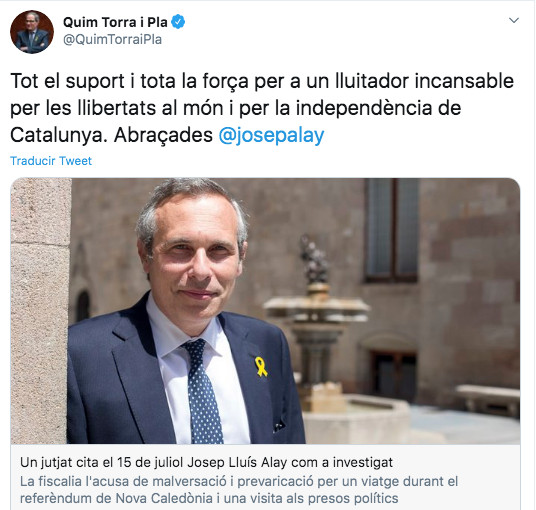 Tuit de Torra en apoyo a Josep Lluís Alay / TWITTER
