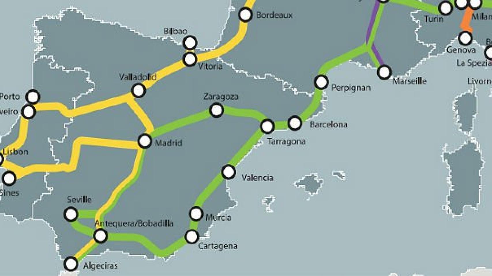 El corredor ferroviario atlántico (amarillo) y mediterráneo (verde) de la Red Transeuropea de Transporte a su paso por España